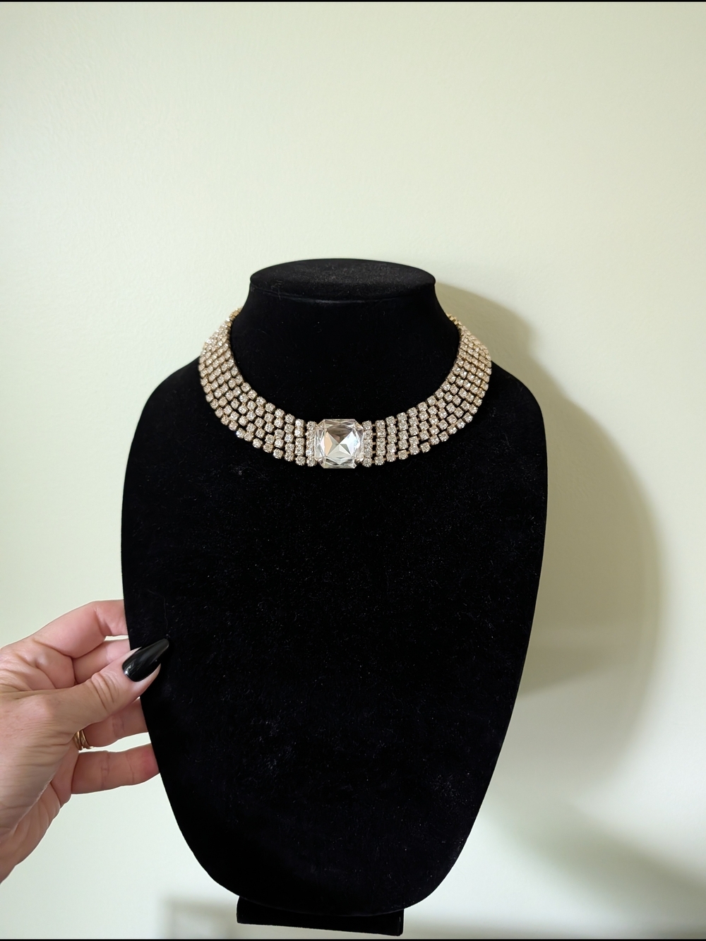 Crystal Choker Necklace - Gold Tone with Clear Center Stone